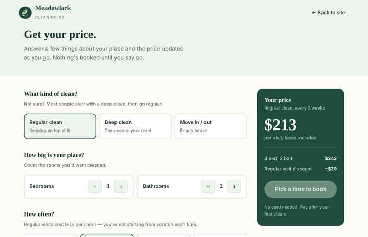 A booking tool that prices a house clean as you answer four questions