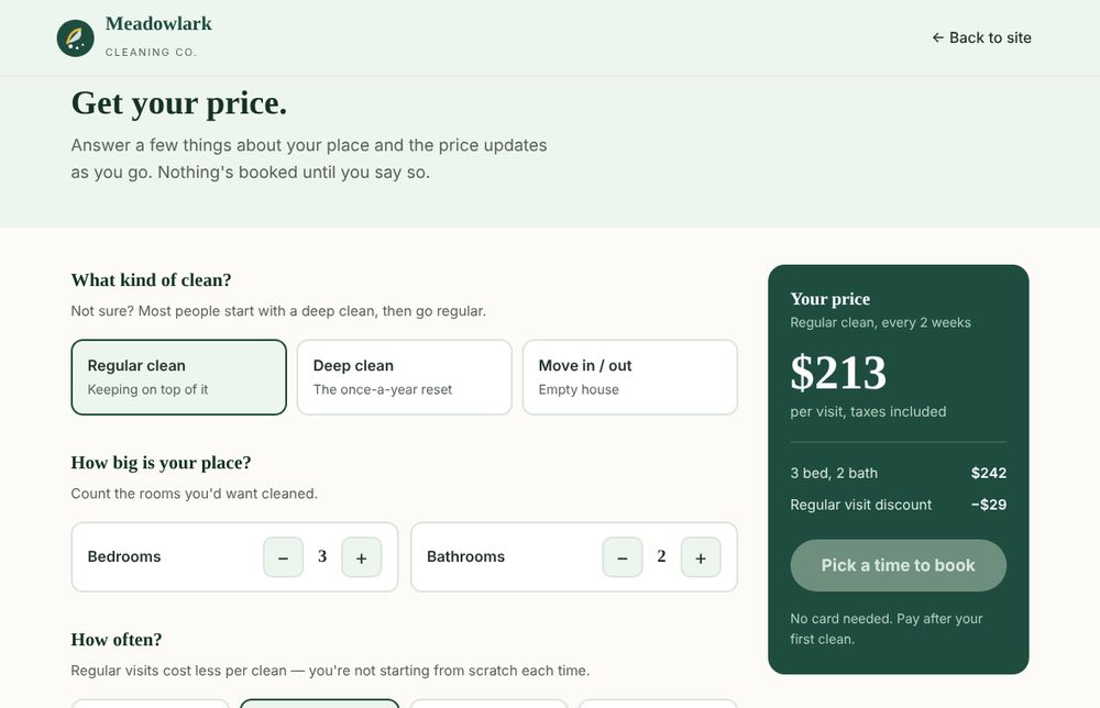 A cleaning booking tool showing a live price of $213