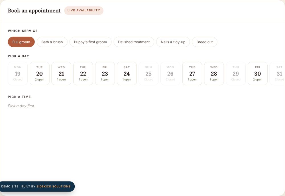 A grooming appointment calendar showing open slots across two weeks