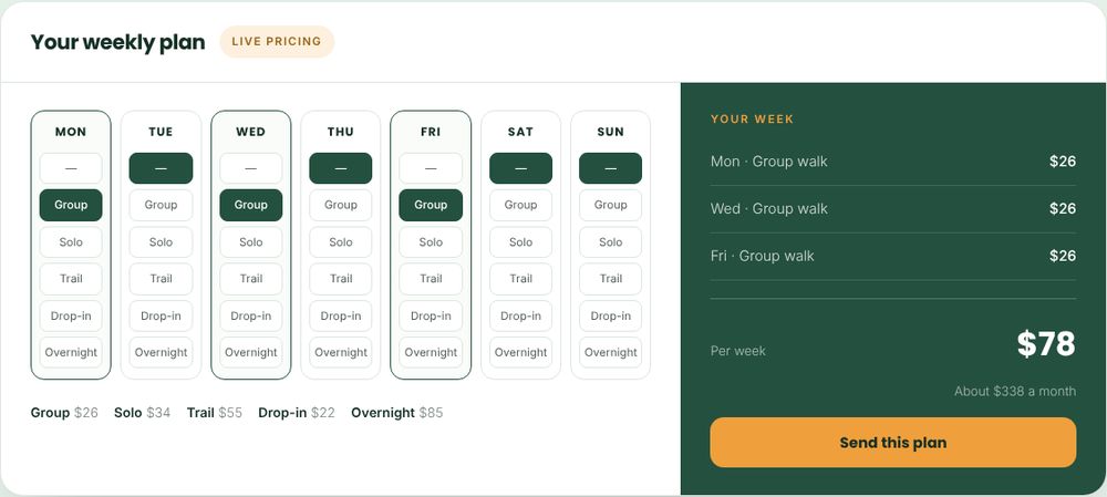 A weekly dog walking planner with live weekly and monthly pricing