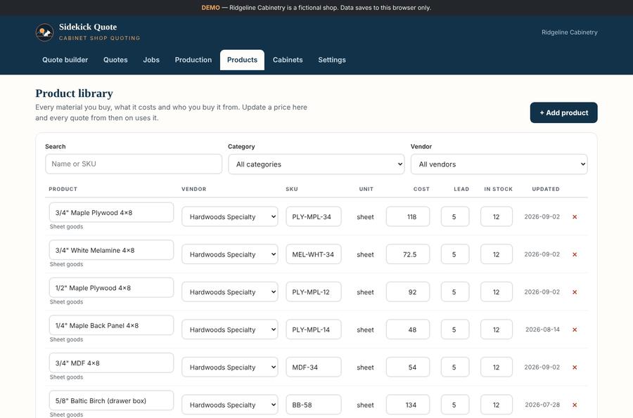 A cabinet shop product library with vendors, costs, lead times and stock