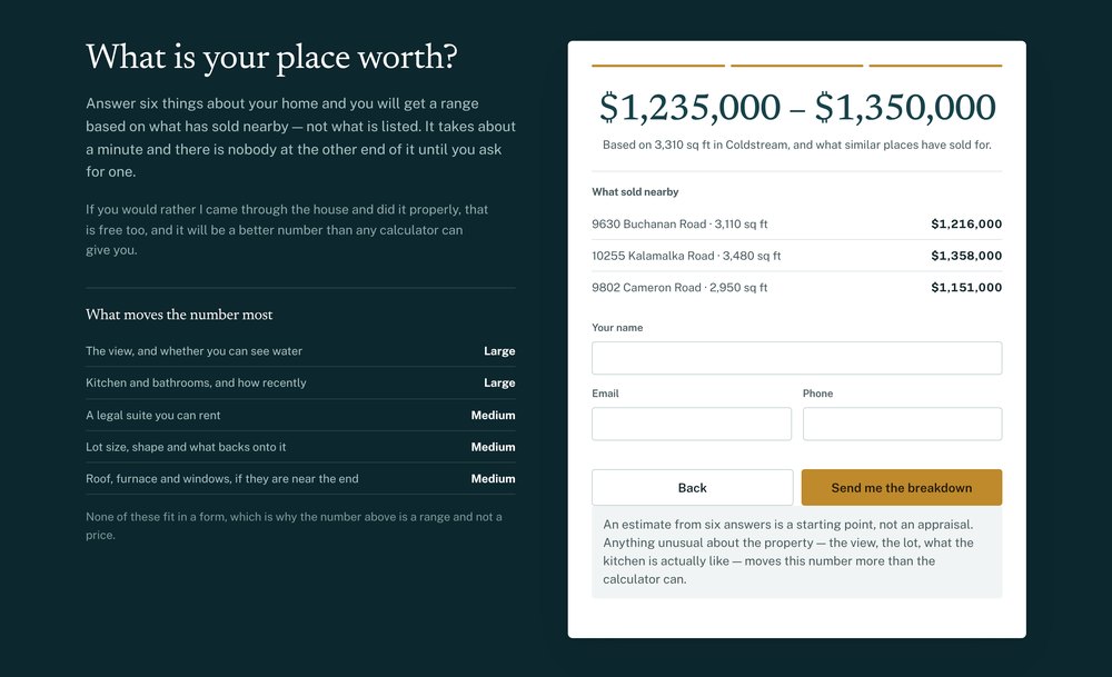 A home valuation tool showing an estimated range of $1,235,000 to $1,350,000 with the comparable sales behind it